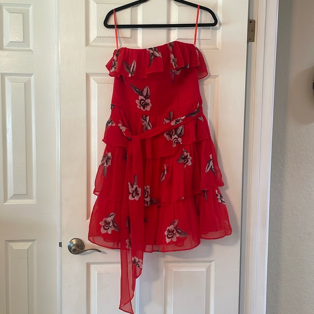 White house Black MarketRed Floral Ruffle Tiered Sundress with Removable Straps